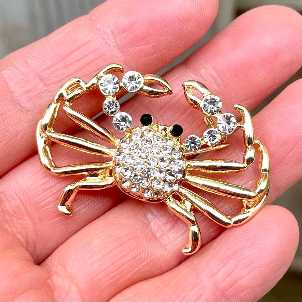 🔥2/$20 Crab Brooch Rhinestone Crab Pin Gold Tone